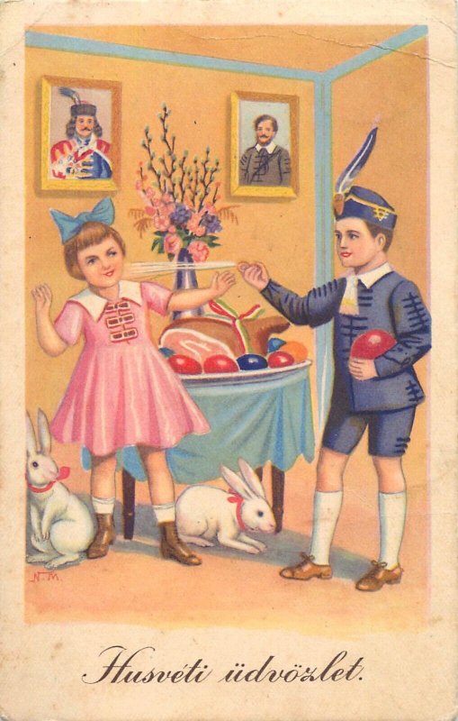 Greetings postcard Easter scene painted eggs rabbits couple joy ham costumes