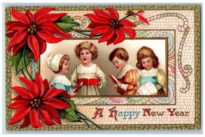 New Year Postcard Poinsettia Flowers Children Caroling Embossed c1910's Antique