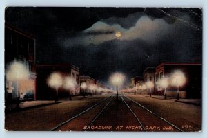 Gary Indiana Postcard Broadway Night Moonlight Railroad City Lights 1913 Vintage