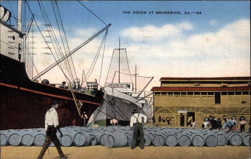 Brunswick Georgia GA Workers on Docks Ships Waterfront Vintage Postcard