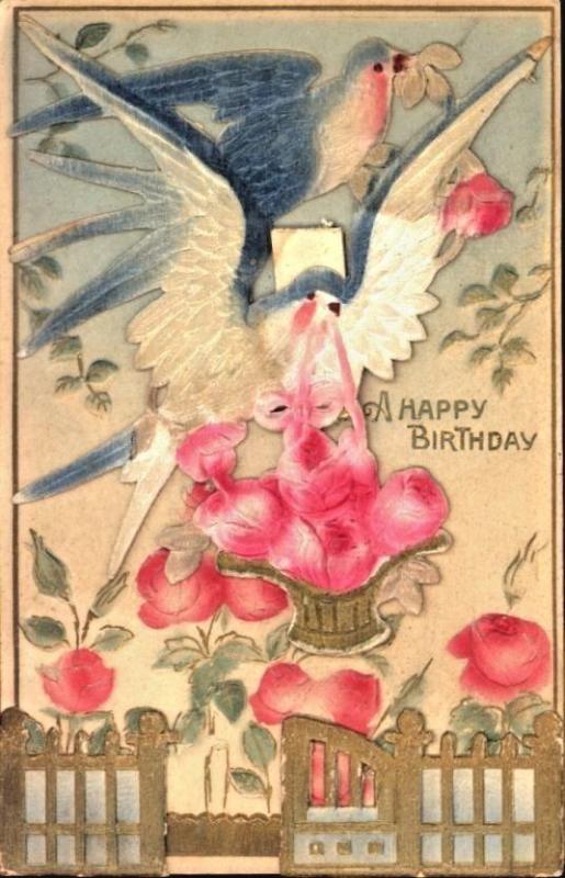 A HAPPY BIRTHDAY~MULTI LAYERED-SWINGING GATE AIR BRUSHED POSTCARD 