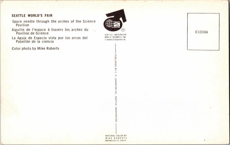 c1962 Space Needle Through Science Pavilion Seattle World’s Fair WA Postcard