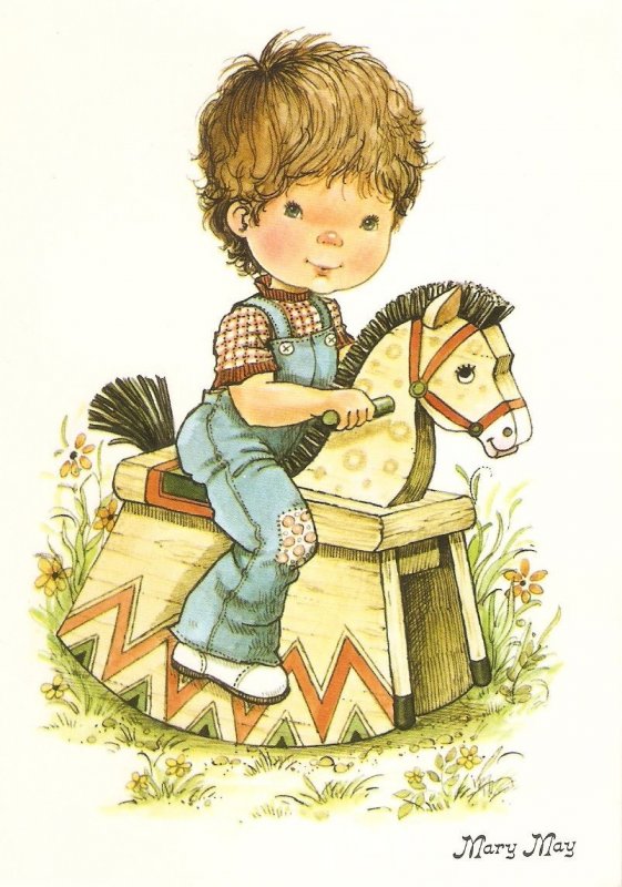 Little boy on his wooden horse, by Mary May Lovely modern Spanish postcard