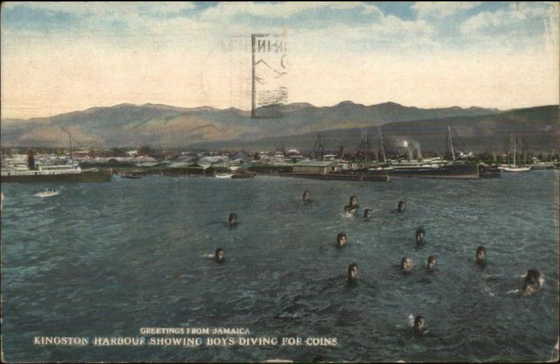 Kingston Jamaica Boys Diving For Coins Used 1927 Postcard Cover