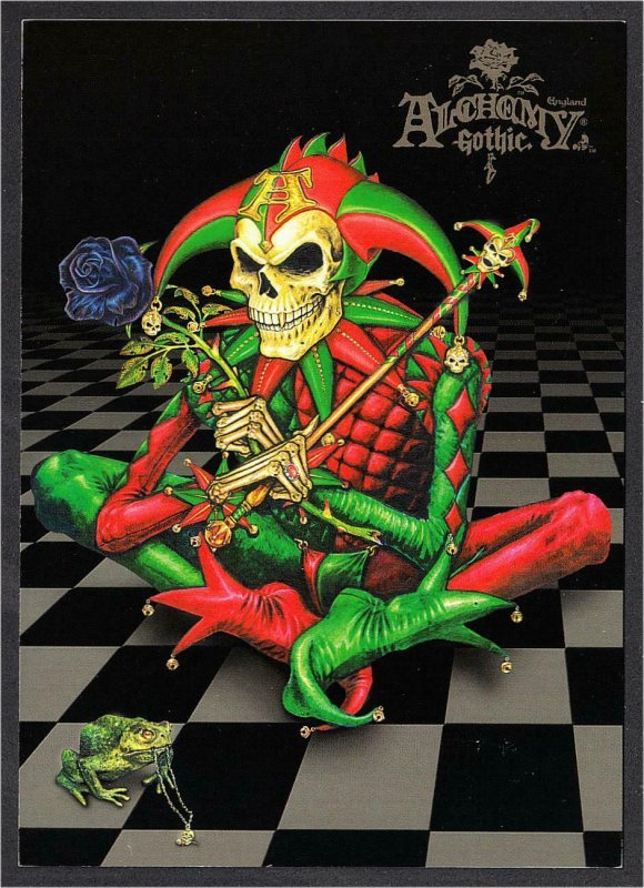 Alchemy Gothic Dark Fool Skeleton Jester Scepter Black Rose Frog Art Postcard