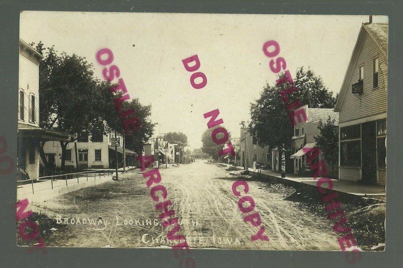 Charlotte IOWA RPPC c1910 MAIN STREET nr Maquoketa Clinton Sabula Preston TINY 2