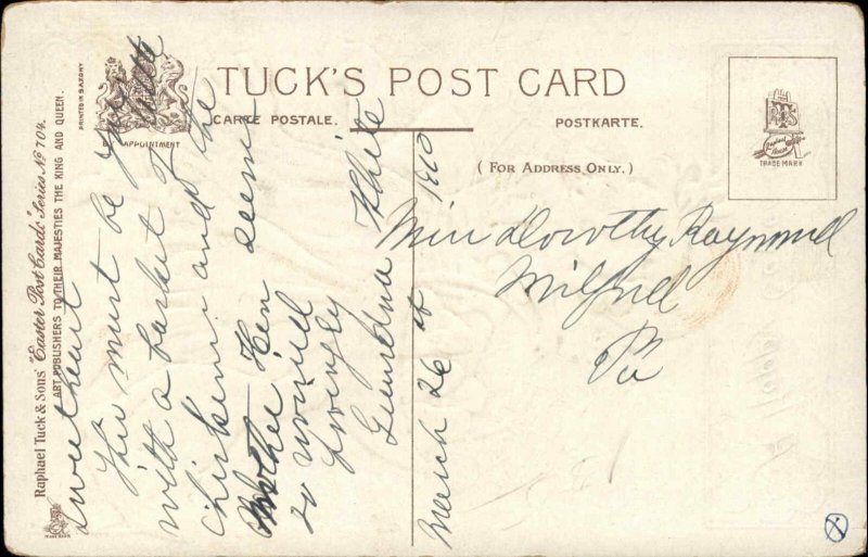 Easter Children Chick Hen Basket Clover Embossed Vintage Postcard