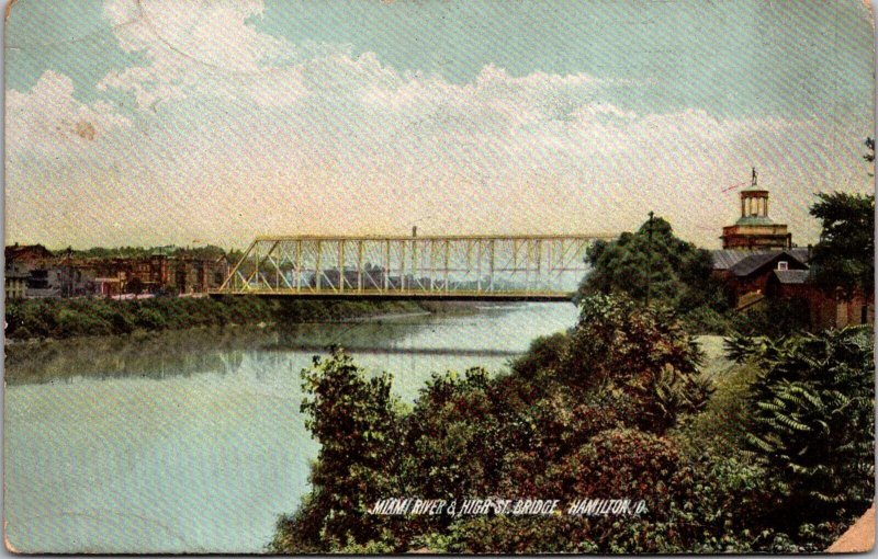 Miami River and High Street Bridge, Hamilton OH c1912 Vintage Postcard Q46