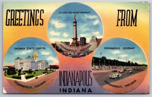 Greetings From Indianapolis IN~State Capitol~Speedway~PM 1942~Vtg Linen Postcard