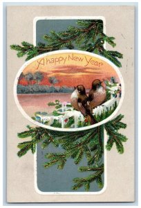 New Year Postcard Song Birds Pine Leaf Winter Embossed c1910's Posted Antique