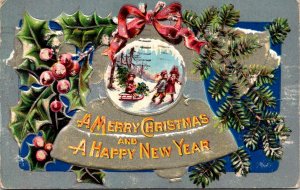 VINTAGE POSTCARD MERRY CHRISTMAS HAPPY NEW YEAR CHILDREN ON SLED EDWARDIAN 1909