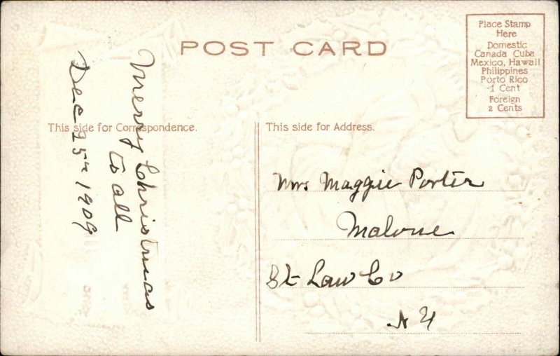 Christmas Santa Clause Holly Wreath Embossed c1910s Postcard