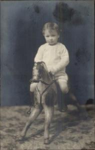 Little Boy on Toy Horse Close Up c1910 Real Photo Postcard jrf