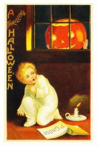 Halloween Boy with Jack-O-Lantern Looming at Window Clapsaddle Repro Postcard #3