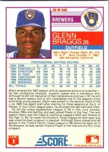 1988 Score baseball Card Glenn Braggs Milwukee Brewers sk3143