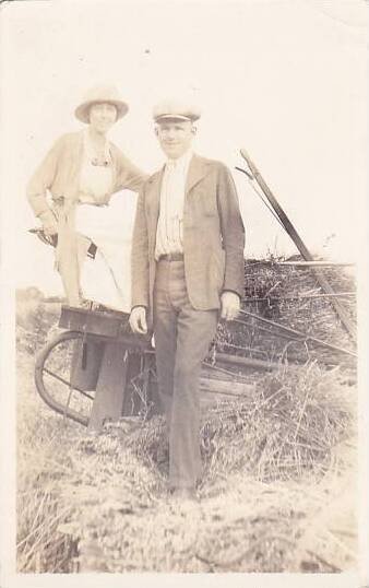 Couple With Hay Making Machine Real Photo