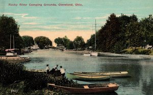 VINTAGE POSTCARD ROCKY RIVER CAMPING GROUND BOATS CLEVELAND OHIO c. 1915