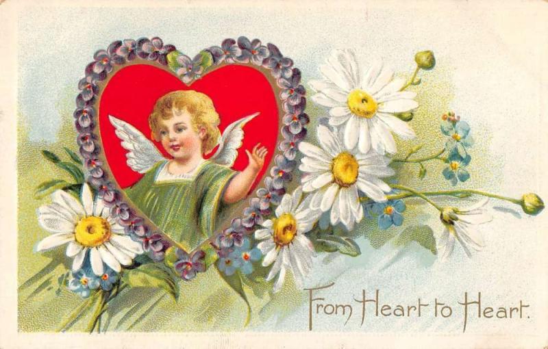 From Heart To Heart angel inside heart daisies by Tuck Pub antique pc Z16884