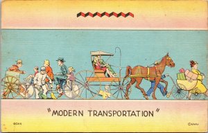 Modern Transportation Postcard Bicycle Horse Buggy Stroller Walking Sweep MWM