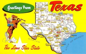 TEXAS Map Greetings Large Letter COWBOY Lone Star State c1950s Vintage Postcard