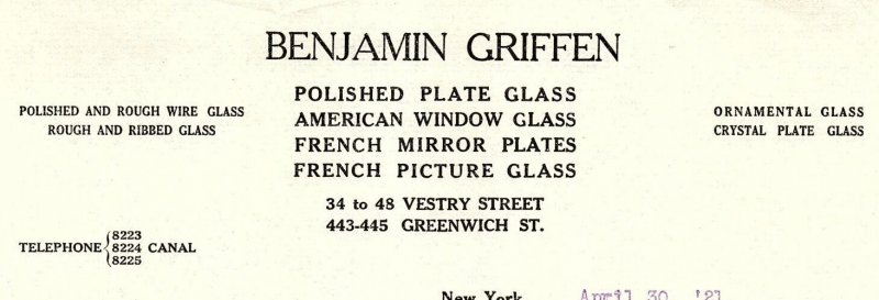 1921 BENJAMIN GRIFFEN POLISHED PLATE GLASS MIRROR PLATES NEW YORK BILLHEAD Z4210