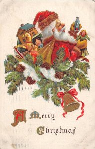 J70/ Santa Claus Christmas Postcard c1910 Toys Bottle Bell Gold 101