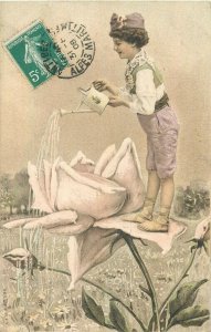 Lady watering rose  vintage surrealism fantasy postcard France 1908