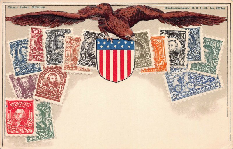 United States, Classic Stamp Images on Early Embossed Postcard, Ottmar Zieher