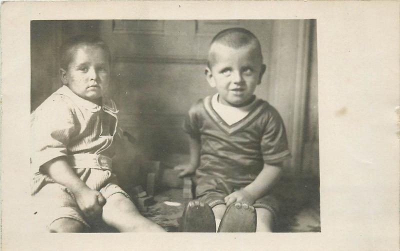 Vintage children boys snapshot photo postcard