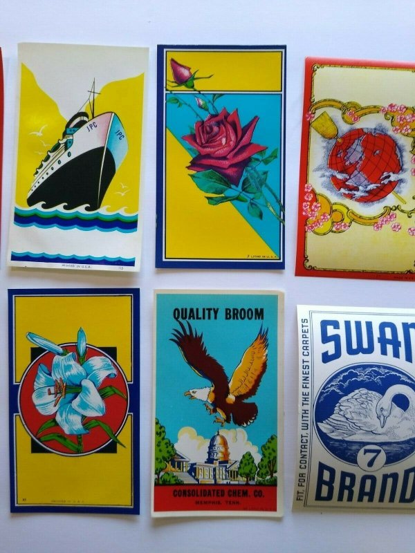 Broom Labels 10 Original Red Bird Swan Horse Ship Boat Atlantic Eagle Vintage