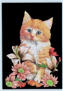 Very Glossy ORANGE KITTEN Flowers, Lilies ~  4x6 Modern Dufex - Kafka Postcard