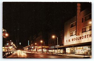 1950s SHREVEPORT LOUISIANA TEXAS STREET AT NIGHT F.W. WOOLWORTH POSTCARD P3045
