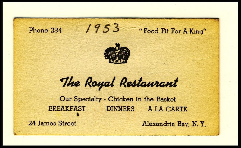 The Royal Restaurant Business Card, Alexandria Bay, New York/NY, 1953?