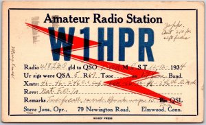 1934 Radio Card Amateur Radio Station W1HPR Elmwood Connecticut Posted Postcard