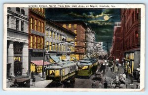 NORFOLK, VA Virginia ~ GRANBY STREET Scene at Night STREETCARS 1918 Postcard 