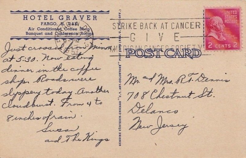 Postcard Hotel Graver Fargo North Dakota ND 1957