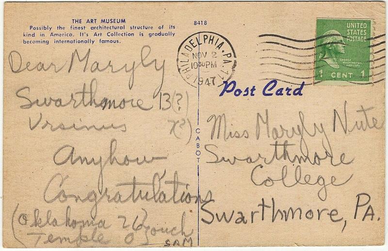 1947 Philadelphia PA The Art Museum Pennsylvania Antique Old Linen Era Postcard