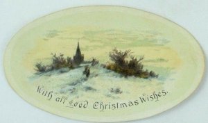 1880's-90's Die-Cut Victorian Christmas Card Mica Snow Steeple Nice! P79