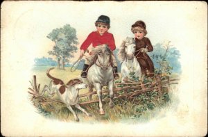 Children Horseback Riding Jumping Real Silk Clothing c1910 Vintage Postcard