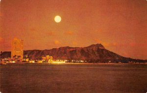 MOON OVER DIAMOND HEAD Waikiki Beach, Hawaii Night View c1960s Vintage Postcard