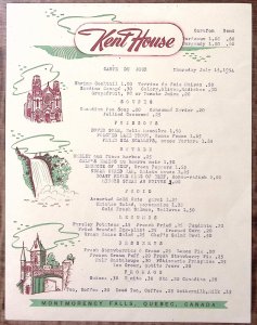 1954 MONTMORENCY FALLS QUEBEC CANADA KENT HOUSE RESTAURANT MENU Z5566