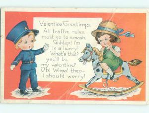 Bent 1920's valentine CUTE GIRL ON ROCKING HORSE & BOY POLICE OFFICER o5061