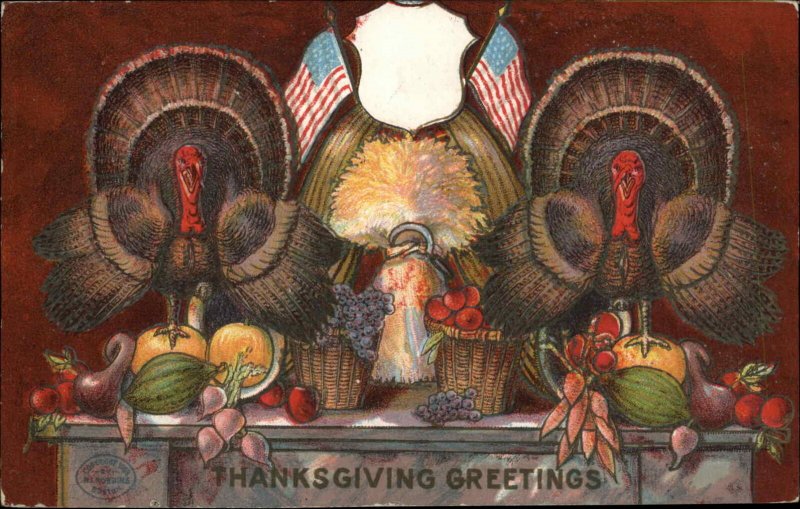 Thanksgiving Patriotic Turkey with American Flags and Feast c1910 Postcard