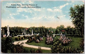 Public Park Showing Statues of Washington & Lincoln Rochester Minnesota Postcard