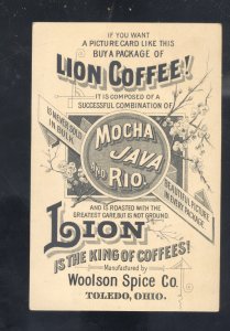 TOLEDO OHIO WOOLSON SPICE COMPANY LION COFFEE WOMAN BRIDGE VICTORIAN TRADE CARD