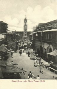 PC CPA INDIA, STREET SCENE WITH CLOCK TOWER, DELHI, Vintage Postcard (b13710)