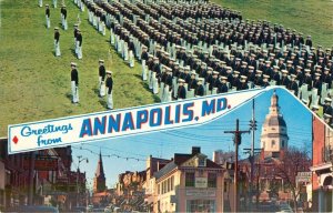 Annapolis Maryland Banner Greeting - Navel Academy, State House Vintage Postcard