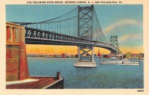 CAMDEN, NJ  New Jersey     DELAWARE RIVER BRIDGE     c1940's Linen Postcard