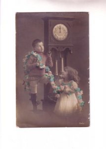 Real Photo, Children, Grandfather Clock, New Years Eve Kiss