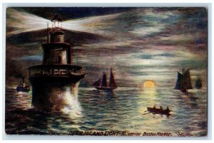 Boston Harbor Massachusetts MA Postcard Deer Island Light Moonrise Lighthouse